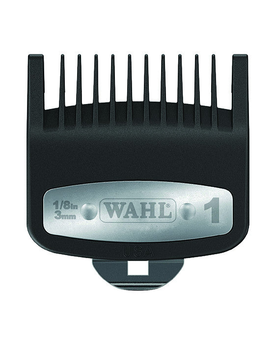 Every professional using Wahl electric razors requires the Individual Premium Guide Comb.   Essential for facilitating hair and facial hair maintenance, this #1 Level metal clipped comb eases cutting with each stride, manufactured with ballpoint tips and mineral filled plastic to provide smoothness in performance and contact.  Compatible exclusively with Wahl electric razors.