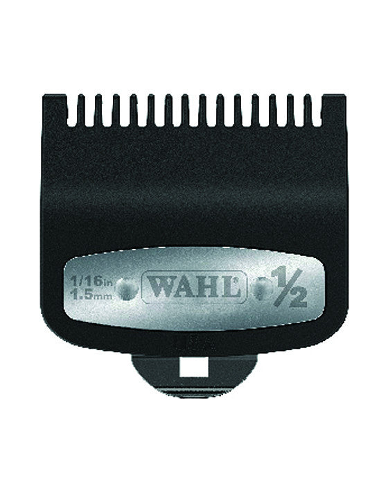 Wahl Professional's #½ Individual Premium Guide features metal clips for blade security and ballpoint tips for easy use.   It also features glass and mineral filled plastic making for delicate use on hair.   This product is perfect for guiding Wahl clippers through the toughest hair without causing irritation or discomfort.   This product has been crafted with barbers in mind and is compatible with all of Wahl Professional's clippers.  (1/16" / 1.5mm)