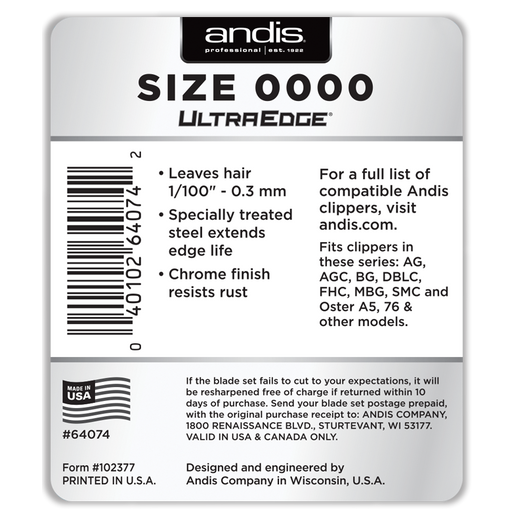 ANDIS Size 0000 - Graduation Blade Very Close Cutting - 1/100" - .25 mm