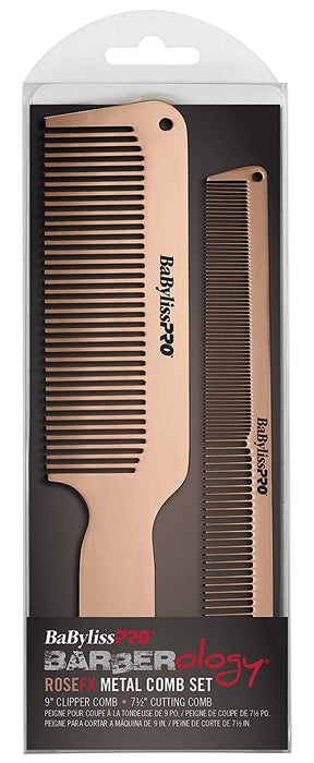 Babyliss Pro Metal comb duo includes a 7-1/2" cutting comb and a 9" clipper comb. Rose gold.
