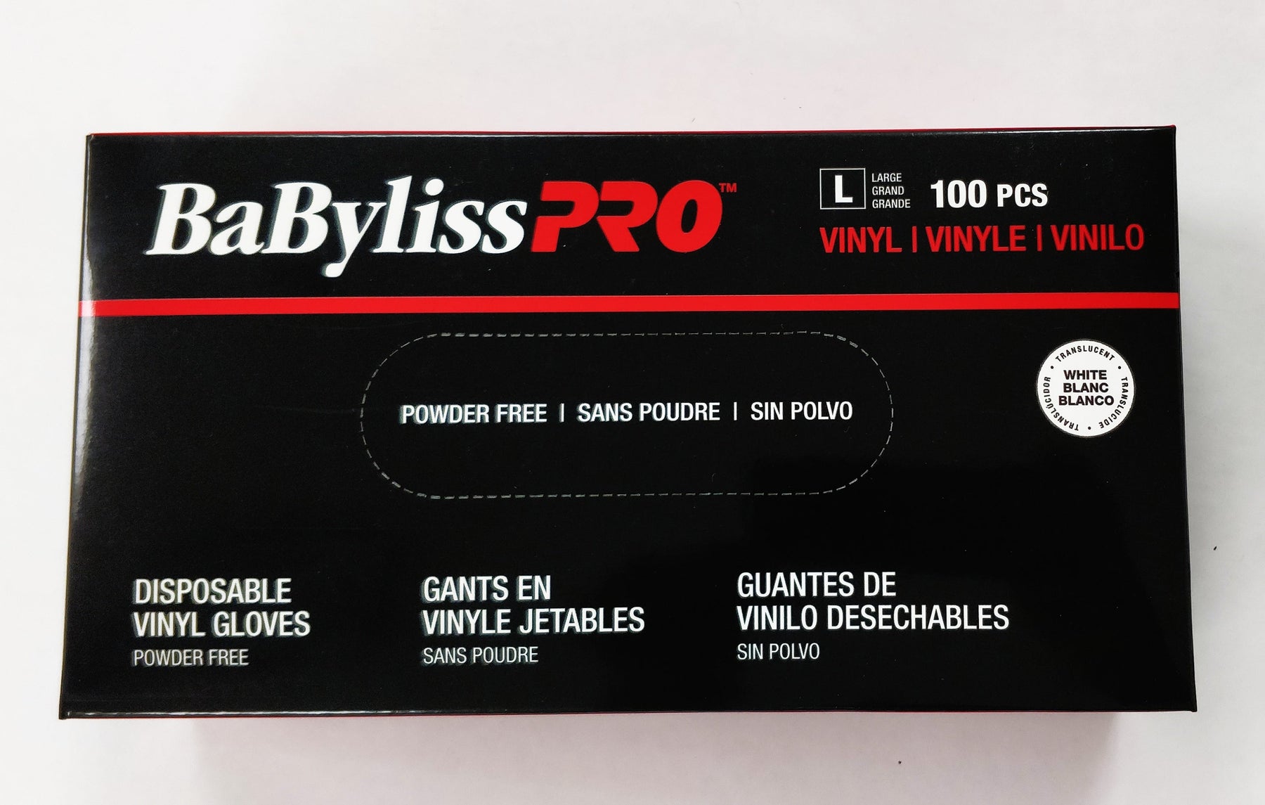 BabylissPro POWDER FREE vinyl gloves, large. 100 gloves/box.