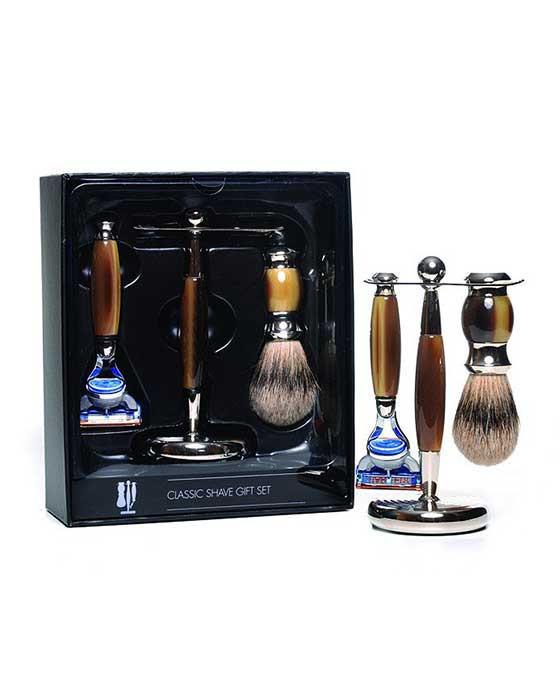 PureBadger Collection Brown Set, Faux Horn Silvertip Shaving Brush, Fusion Razor & Stand