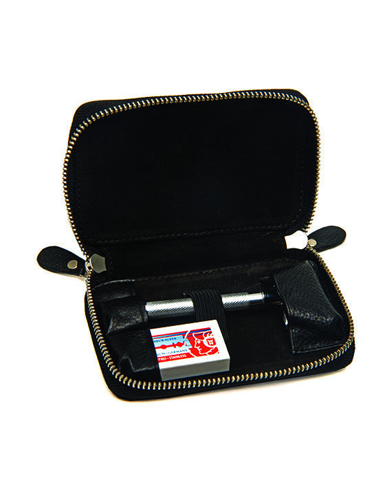 Pure Badger Black Pebble Leather DE Safety Razor Case, With Nubuck Lining