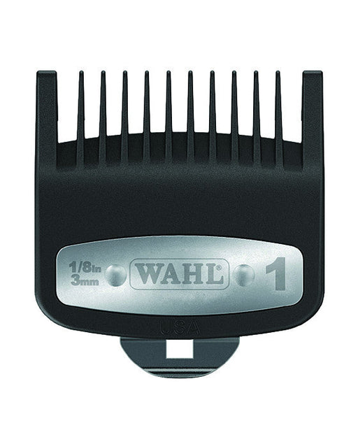 Every professional using Wahl electric razors requires the Individual Premium Guide Comb.   Essential for facilitating hair and facial hair maintenance, this #1 Level metal clipped comb eases cutting with each stride, manufactured with ballpoint tips and mineral filled plastic to provide smoothness in performance and contact.  Compatible exclusively with Wahl electric razors. 